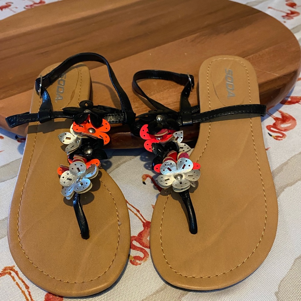 Soda Black and Tan Sandals with Colorful Floral Accents